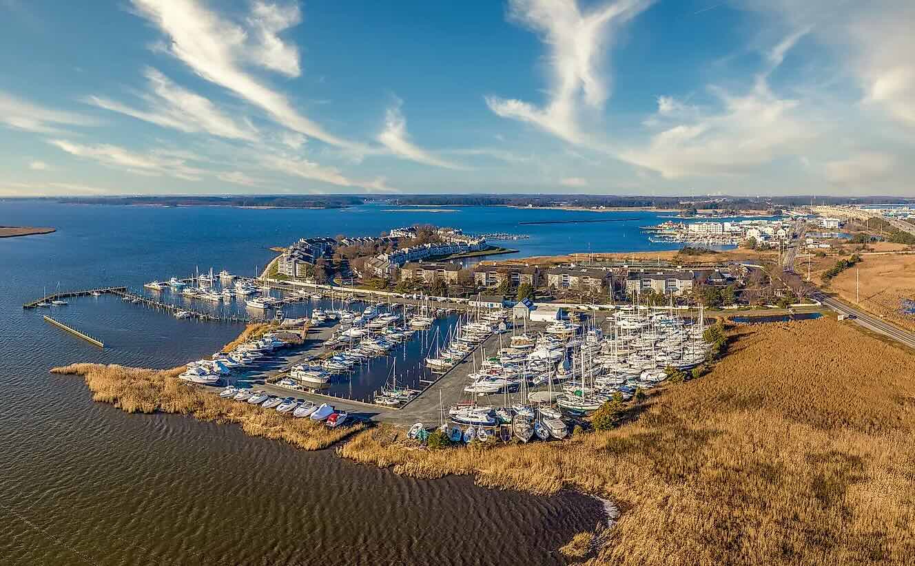 A photo of beautiful weather in an aerial shot of Kent Island.